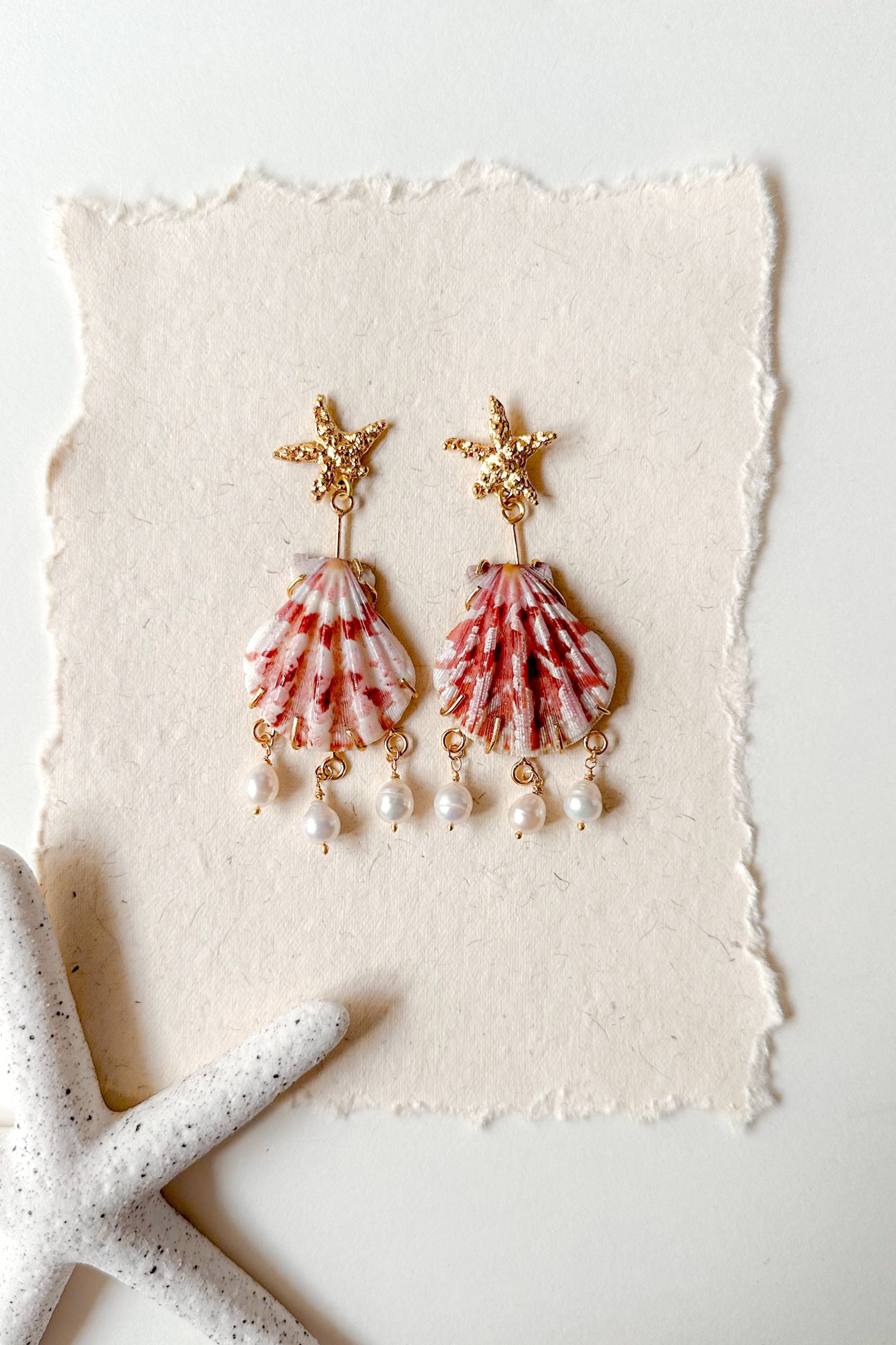 Pair of shell-shaped earrings with gold accents on a textured white surface.