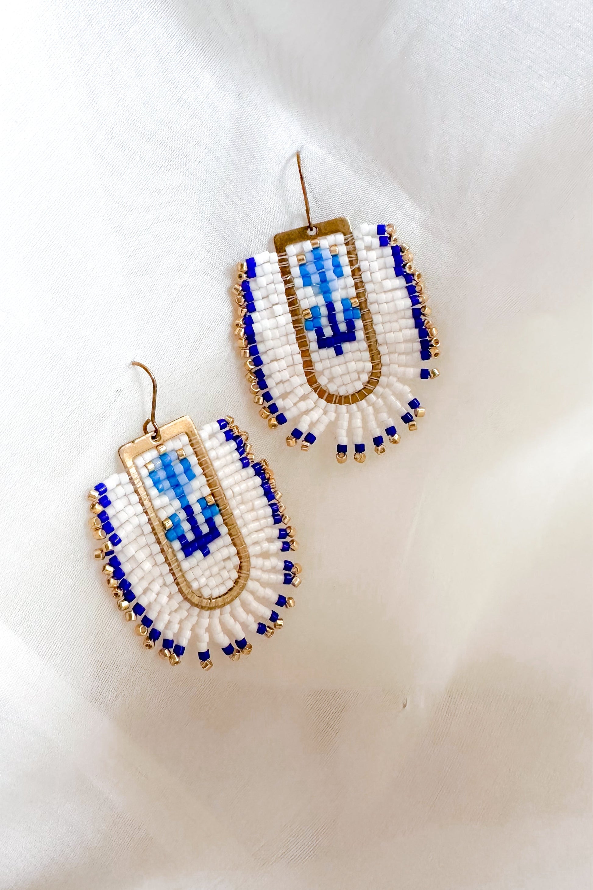Pair of beaded earrings with blue and white patterns on a white background