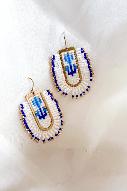Pair of beaded earrings with blue and white patterns on a white background