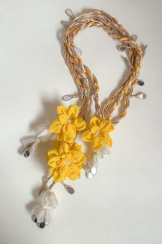 Parandi with yellow & ivory  flowers with mirror hangings  on a white background