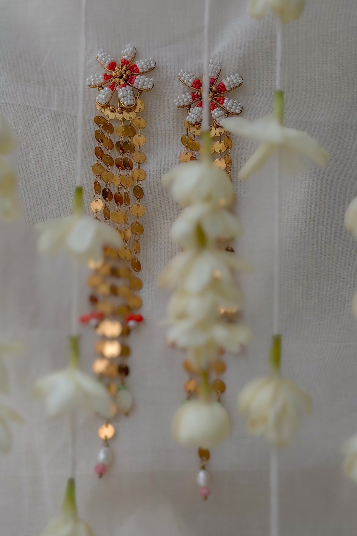 Sakhi Miyuki beaded floral stud earrings with detachable gold tassel
