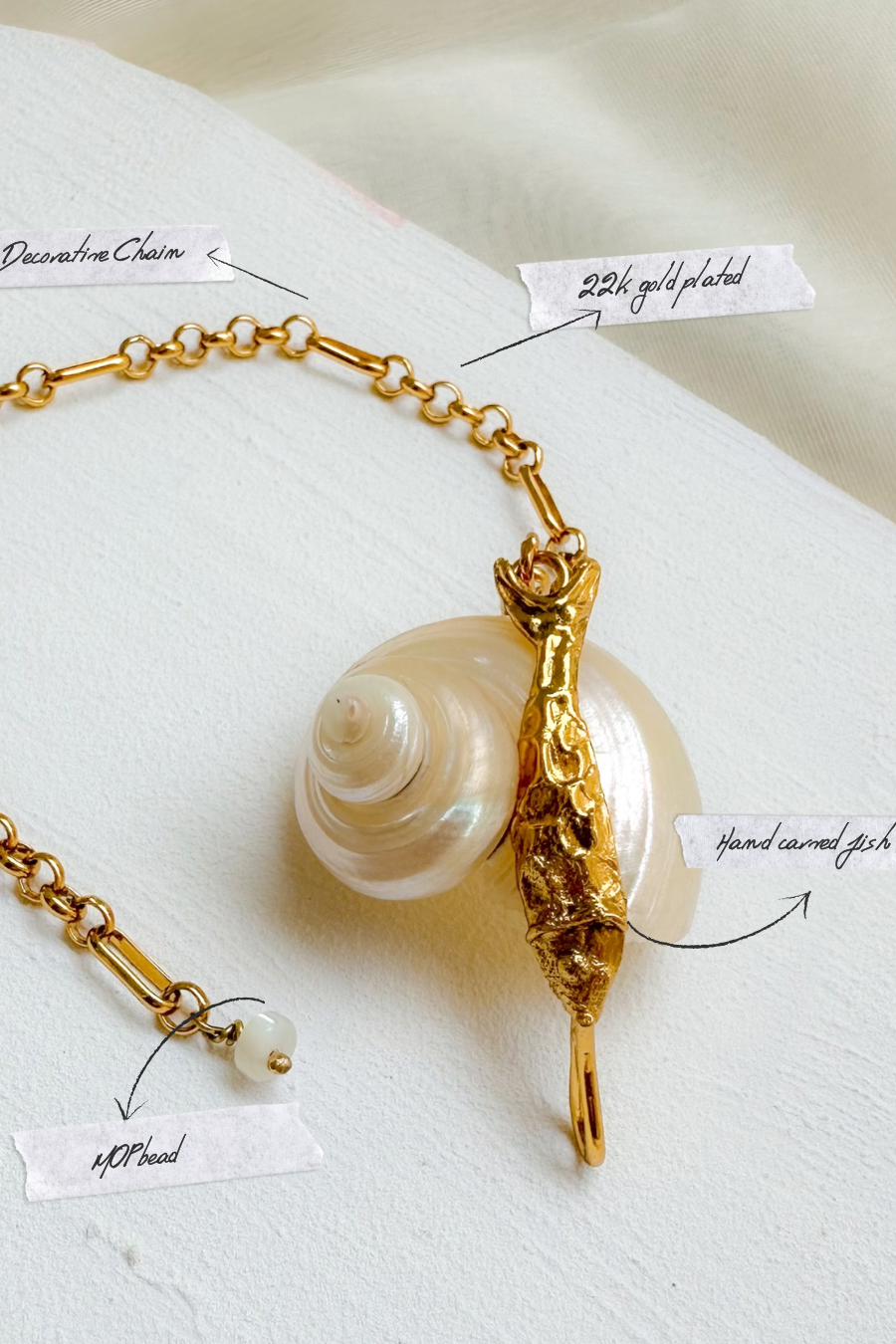 A gold chain bracelet with fish pendant and a small pearl bead, displayed on a light fabric background with handwritten labels pointing to details.